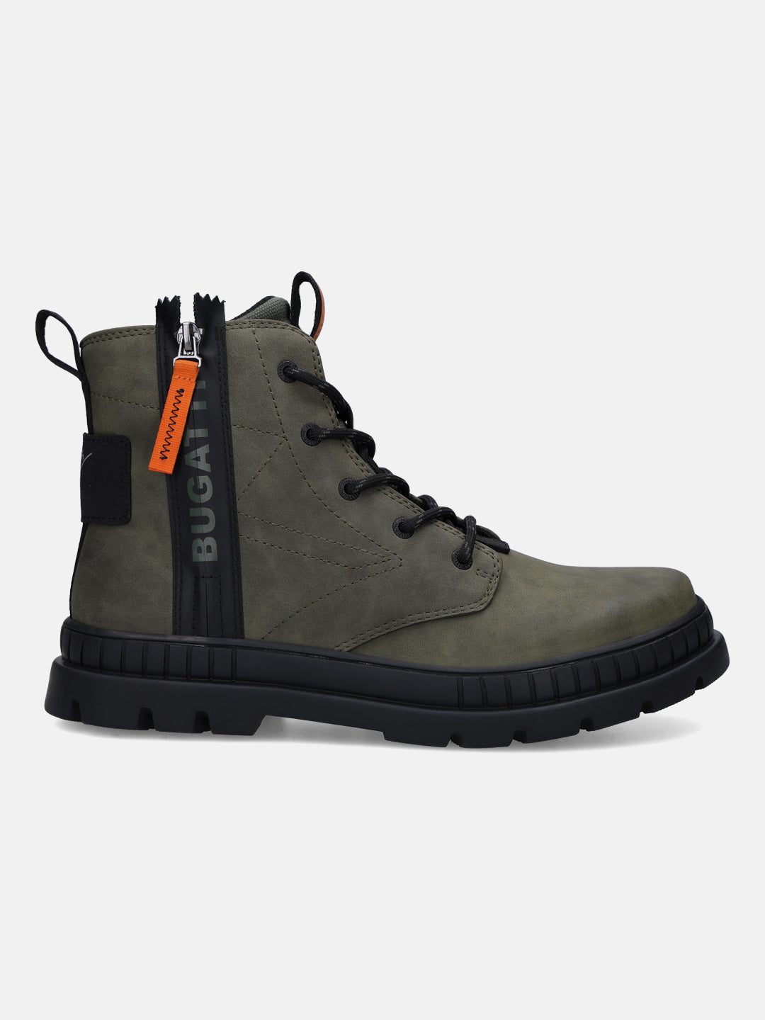 Side view of a dark green bugatti casual boot with a black lug sole and side zipper detail.