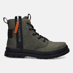 Side view of a dark green bugatti casual boot with a black lug sole and side zipper detail.