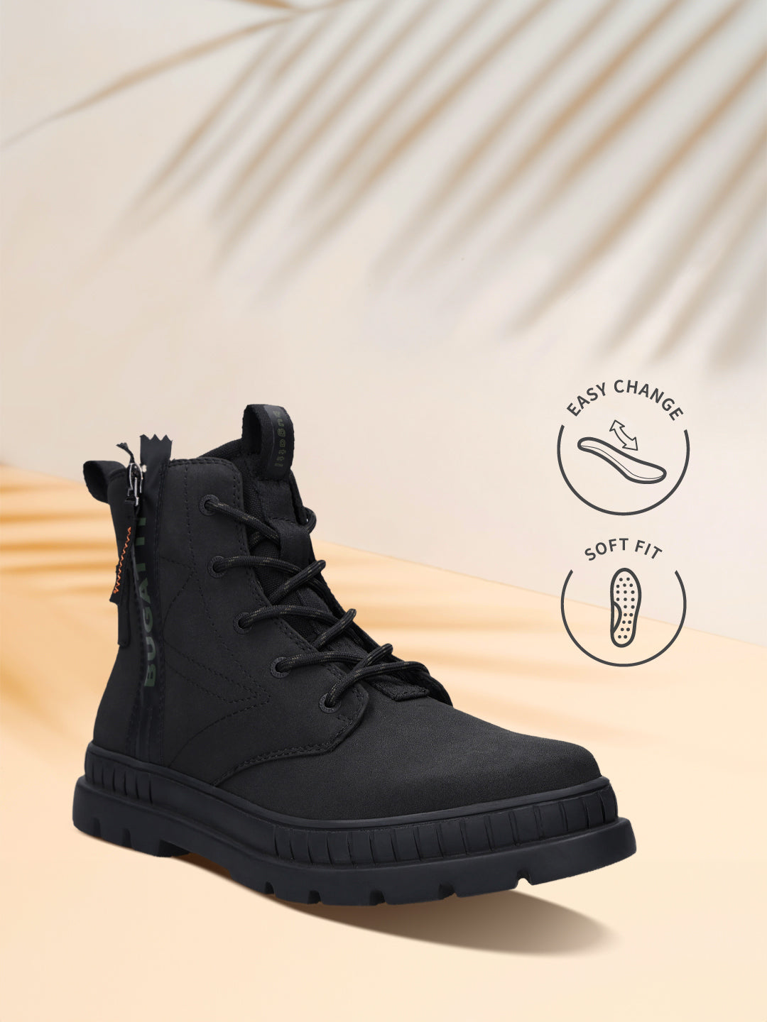 Black bugatti Pallario casual boots with a lace-up closure, lug sole, and a textile upper.