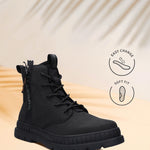 Black bugatti Pallario casual boots with a lace-up closure, lug sole, and a textile upper.