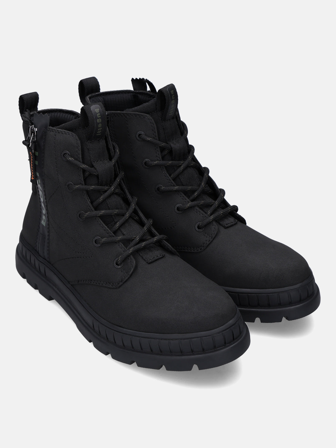 Black bugatti Pallario comfort casual boots with laces, a side zipper, and lug soles.
