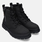Black bugatti Pallario comfort casual boots with laces, a side zipper, and lug soles.
