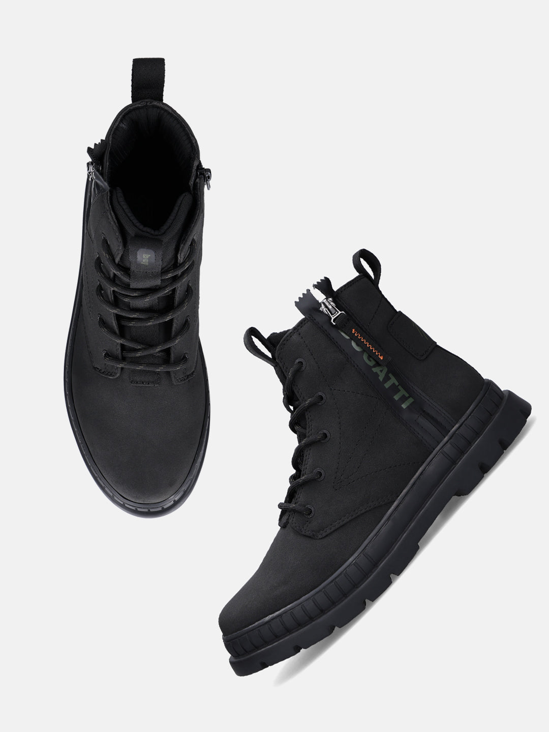 Black bugatti Pallario casual boots in a matte material, with laces and zipper detail.