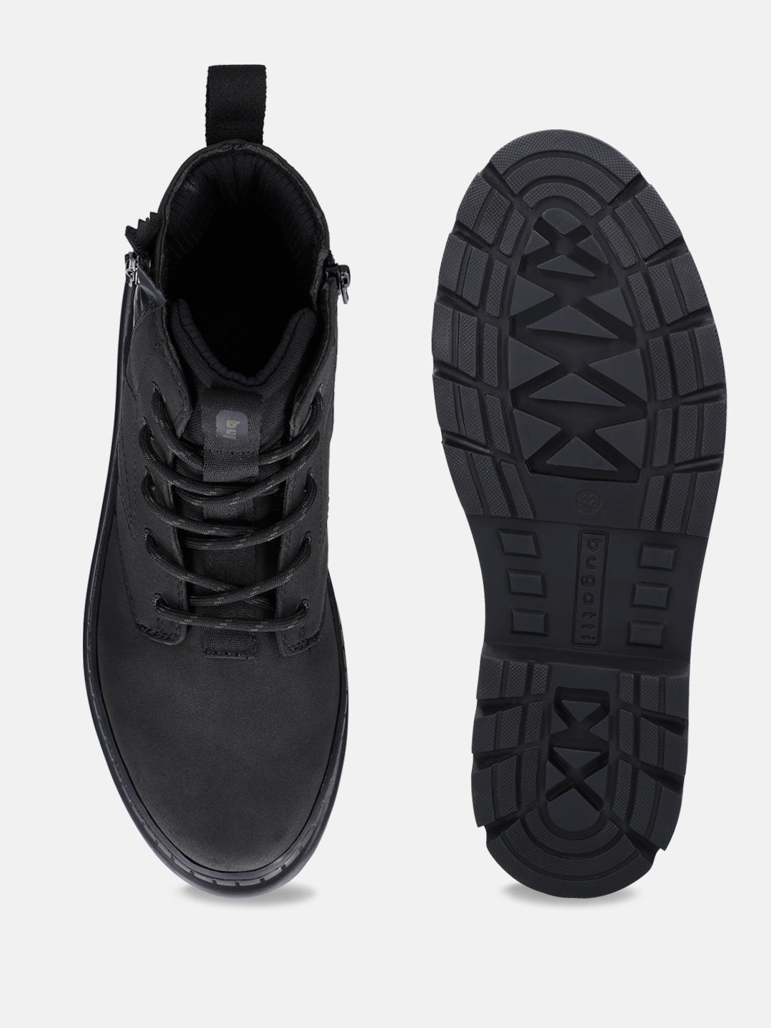 Black bugatti Pallario comfort casual boots, with laces and a side zipper, shown with the sole facing up.
