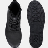 Black bugatti Pallario comfort casual boots, with laces and a side zipper, shown with the sole facing up.
