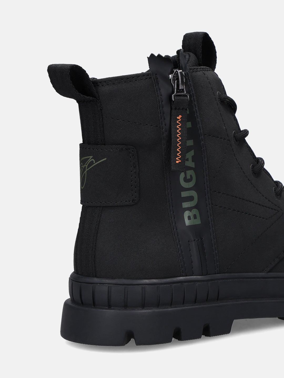 Back view of a black bugatti Pallario comfort casual boot with side zipper and treaded sole.