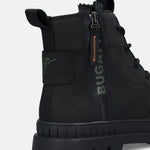 Back view of a black bugatti Pallario comfort casual boot with side zipper and treaded sole.