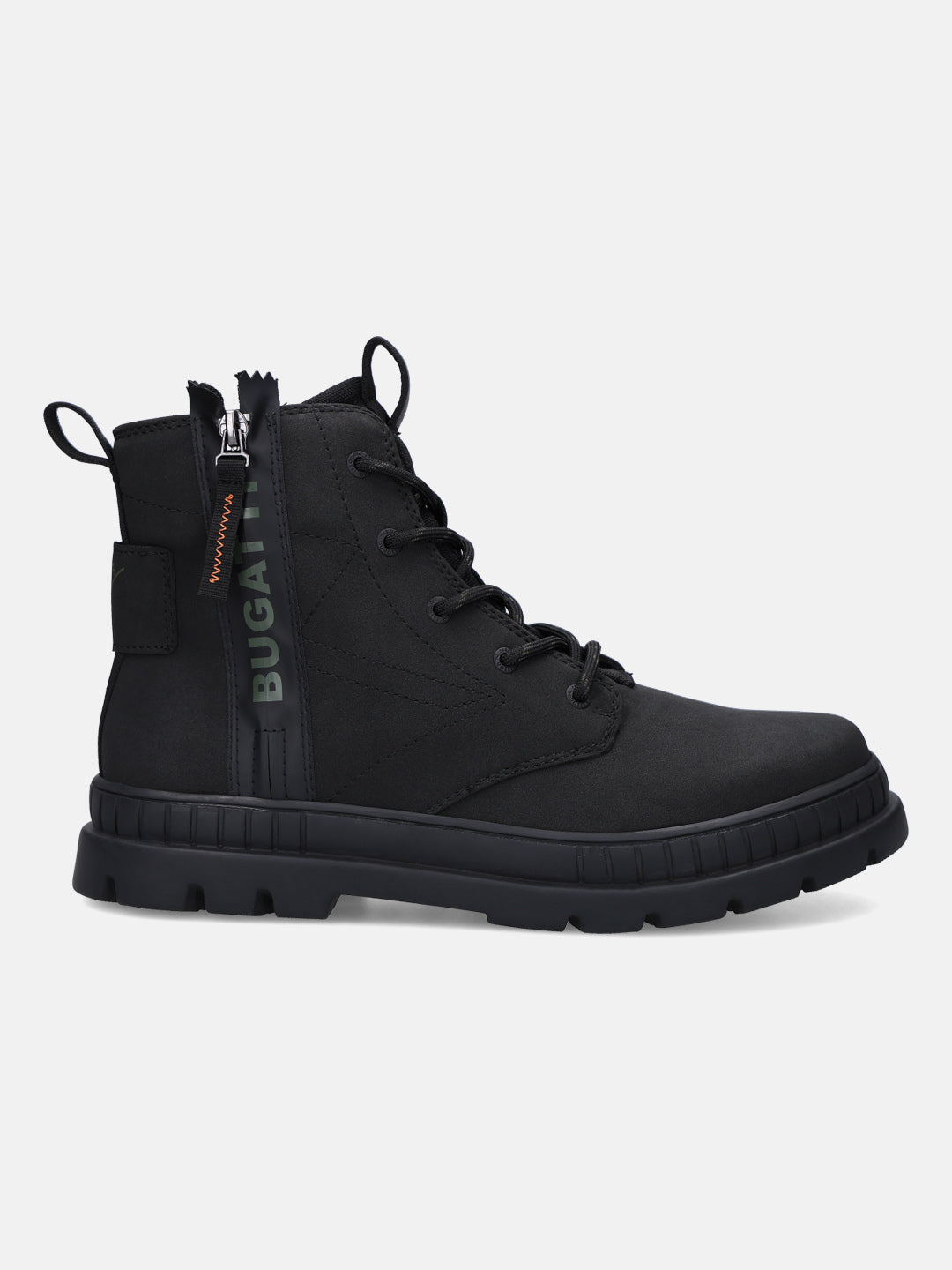 Side view of a bugatti Pallario comfort black casual boot with a zippered side and lug sole.