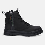 Side view of a bugatti Pallario comfort black casual boot with a zippered side and lug sole.