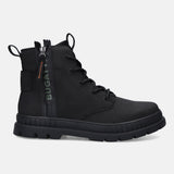 Side view of a bugatti Pallario comfort black casual boot with a zippered side and lug sole.