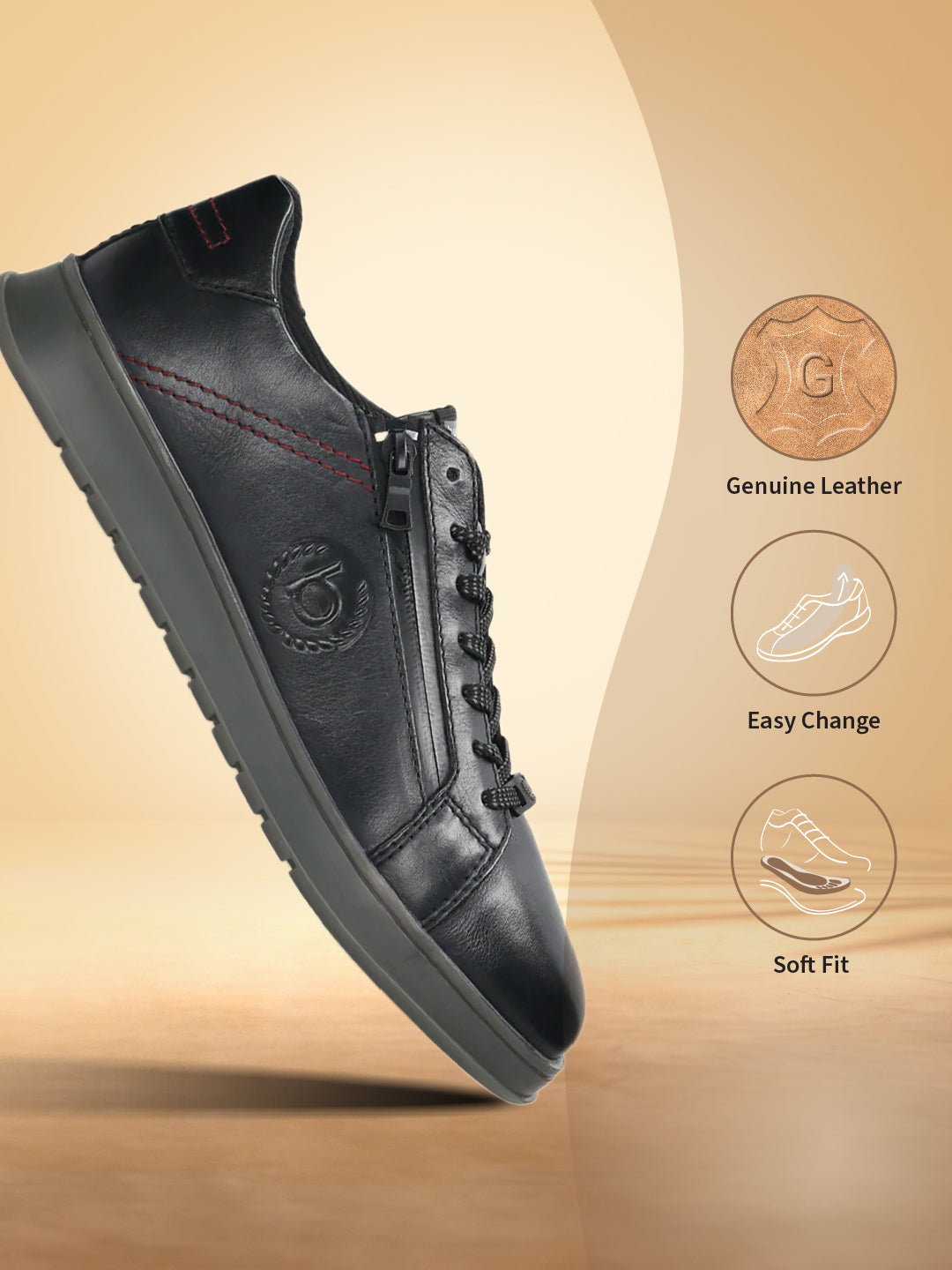 Black leather sneakers by bugatti with side zipper, decorative stitching, and textured rubber sole.
