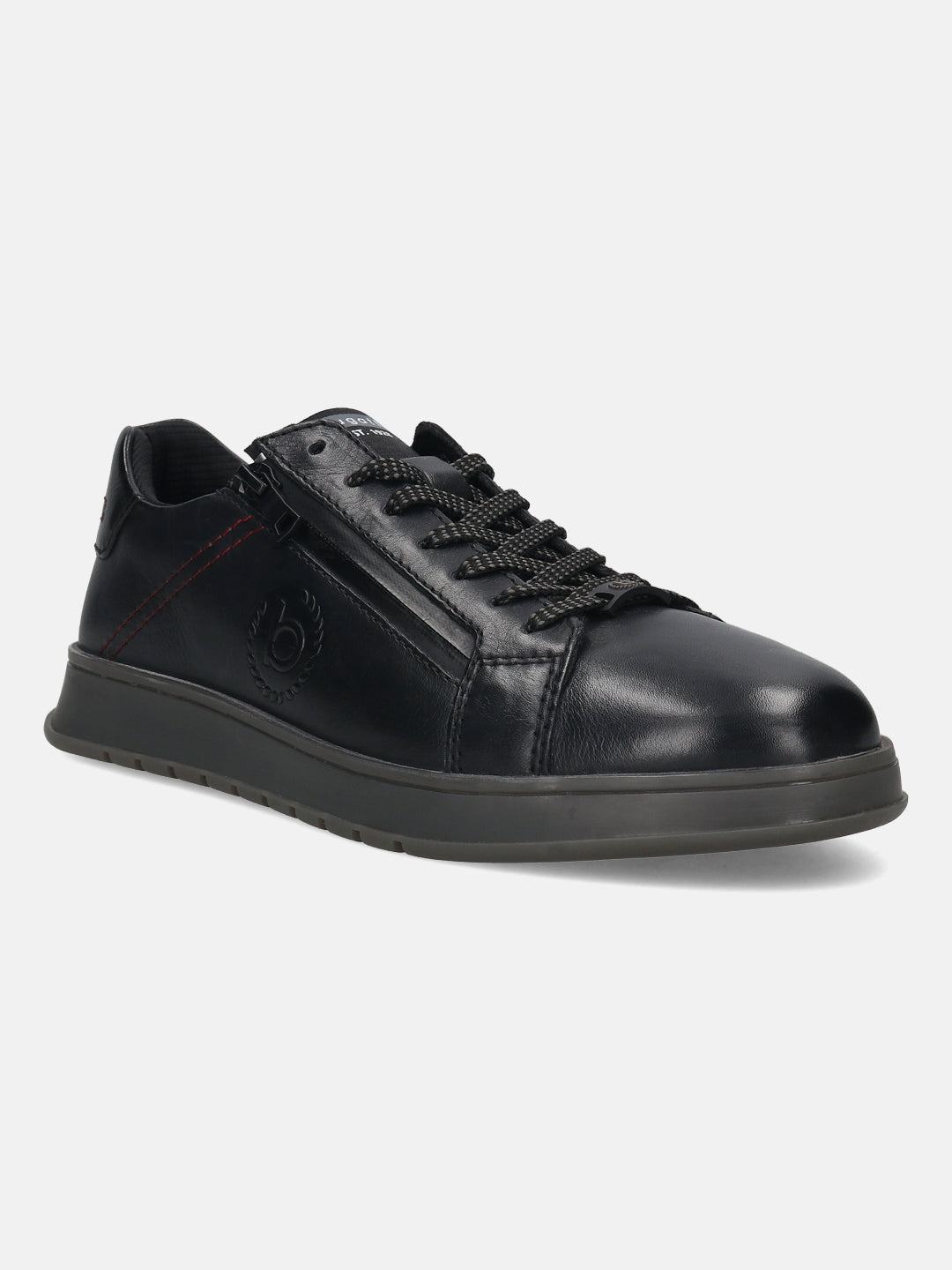 Black premium leather comfort sneakers by bugatti, with a side zipper and patterned shoelaces.