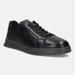 Black premium leather comfort sneakers by bugatti, with a side zipper and patterned shoelaces.
