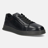Black premium leather comfort sneakers by bugatti, with a side zipper and patterned shoelaces.