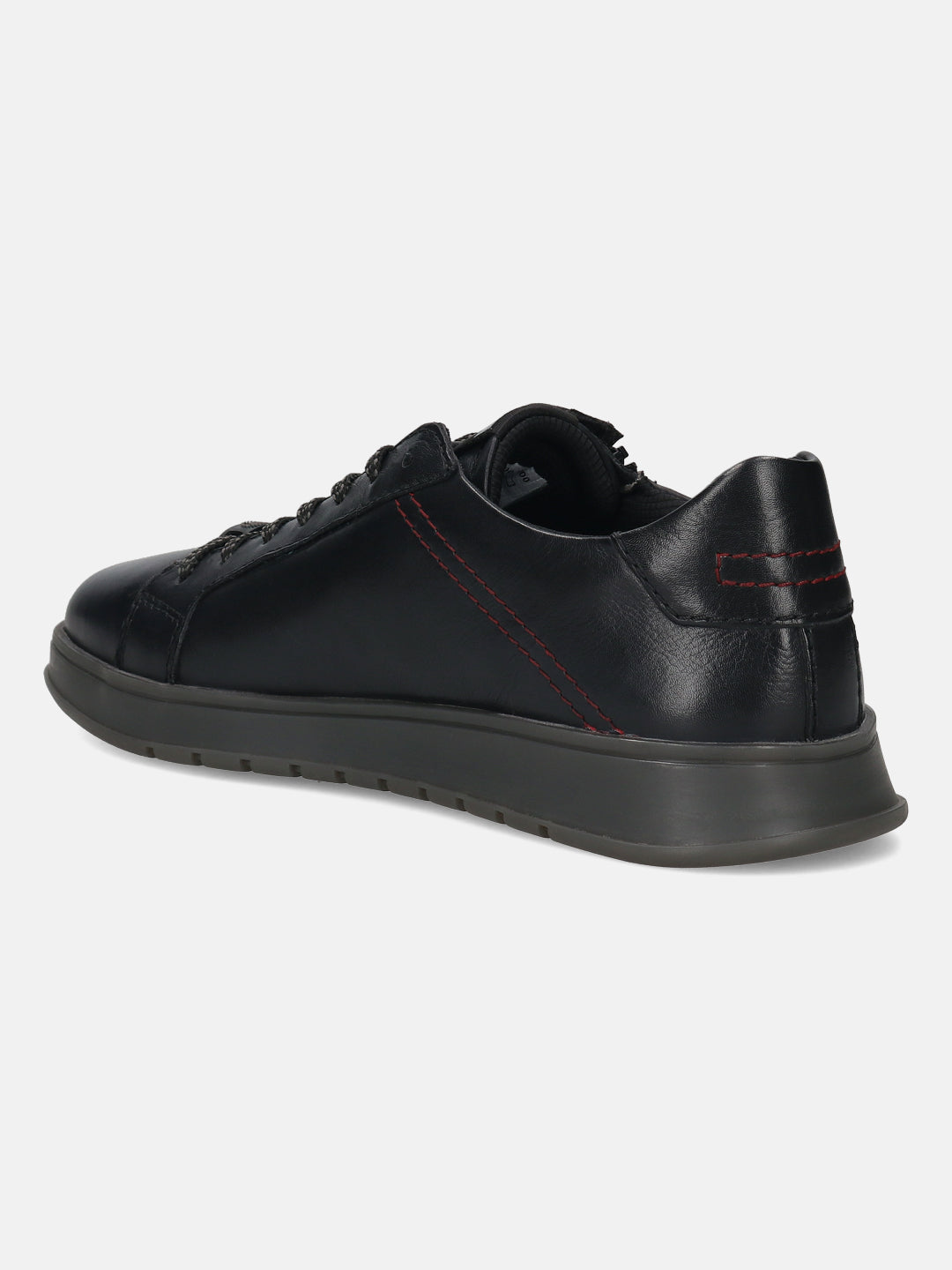 Black leather sneaker by bugatti with red stitching at the back and gray soles, in a side view.
