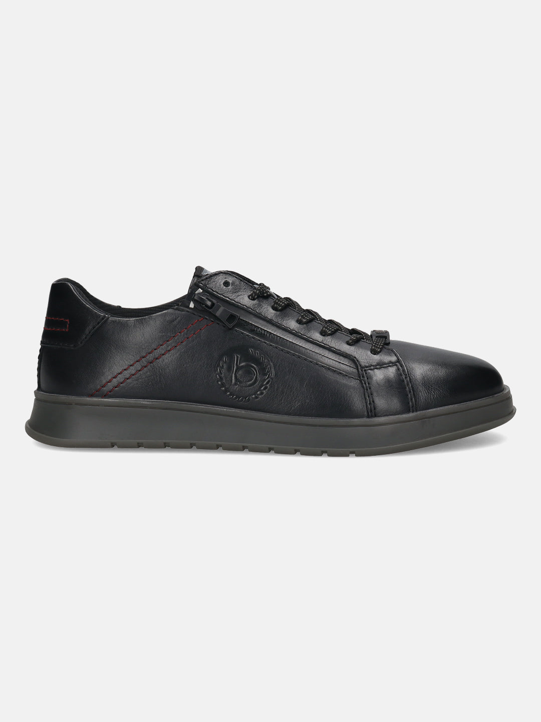 Black premium leather comfort sneakers by bugatti, with tonal soles and side zipper.