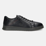 Black premium leather comfort sneakers by bugatti, with tonal soles and side zipper.