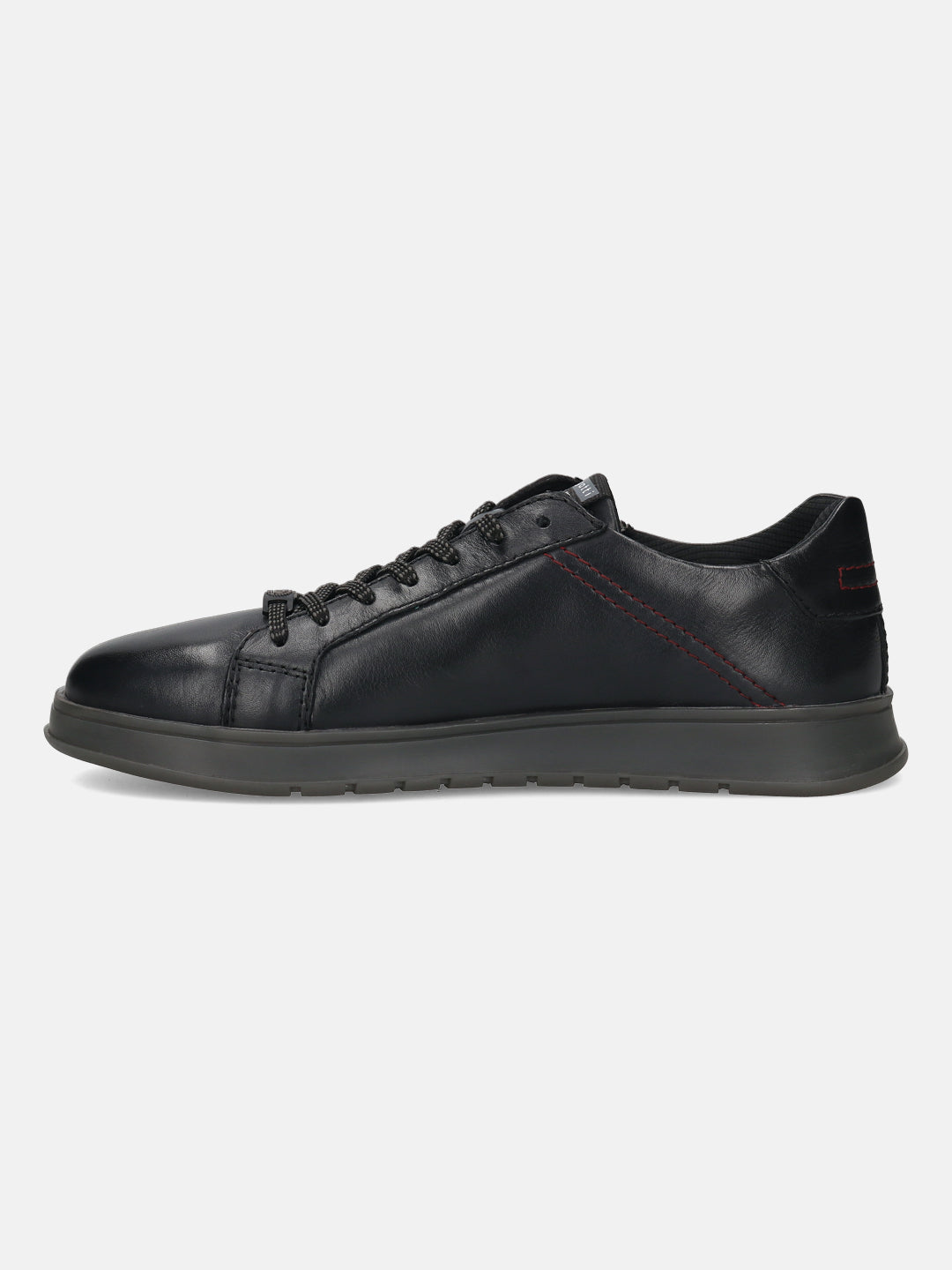 Black leather sneaker by bugatti with red stitch detail and a grey sole, shown in a side view.