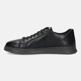 Black leather sneaker by bugatti with red stitch detail and a grey sole, shown in a side view.