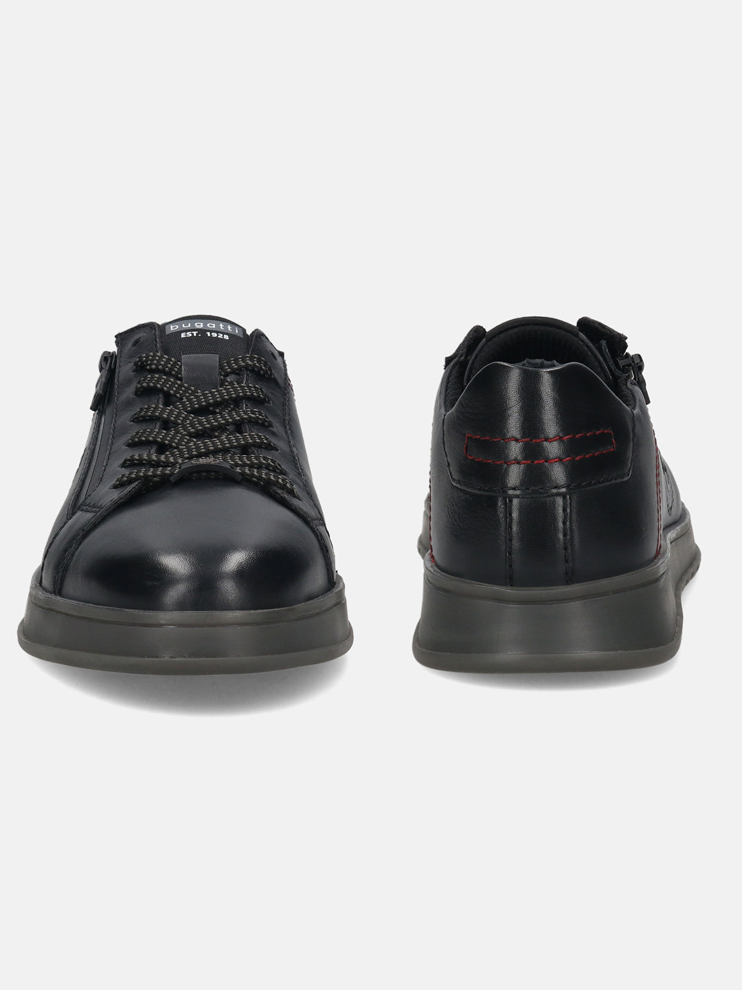 Black leather sneakers by Bugatti with dark laces and red stitching detail on the heel.