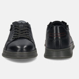 Black leather sneakers by Bugatti with dark laces and red stitching detail on the heel.