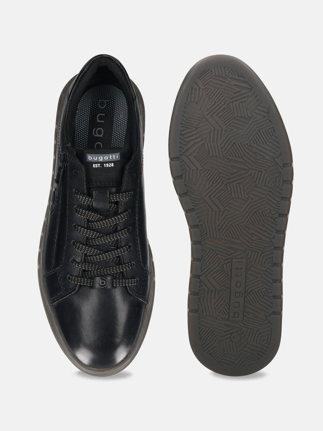 Black leather comfort sneakers by bugatti, featuring patterned laces and a textured sole.