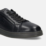 Black leather comfort sneakers by bugatti with a tonal sole and patterned laces, shown in a close up view.