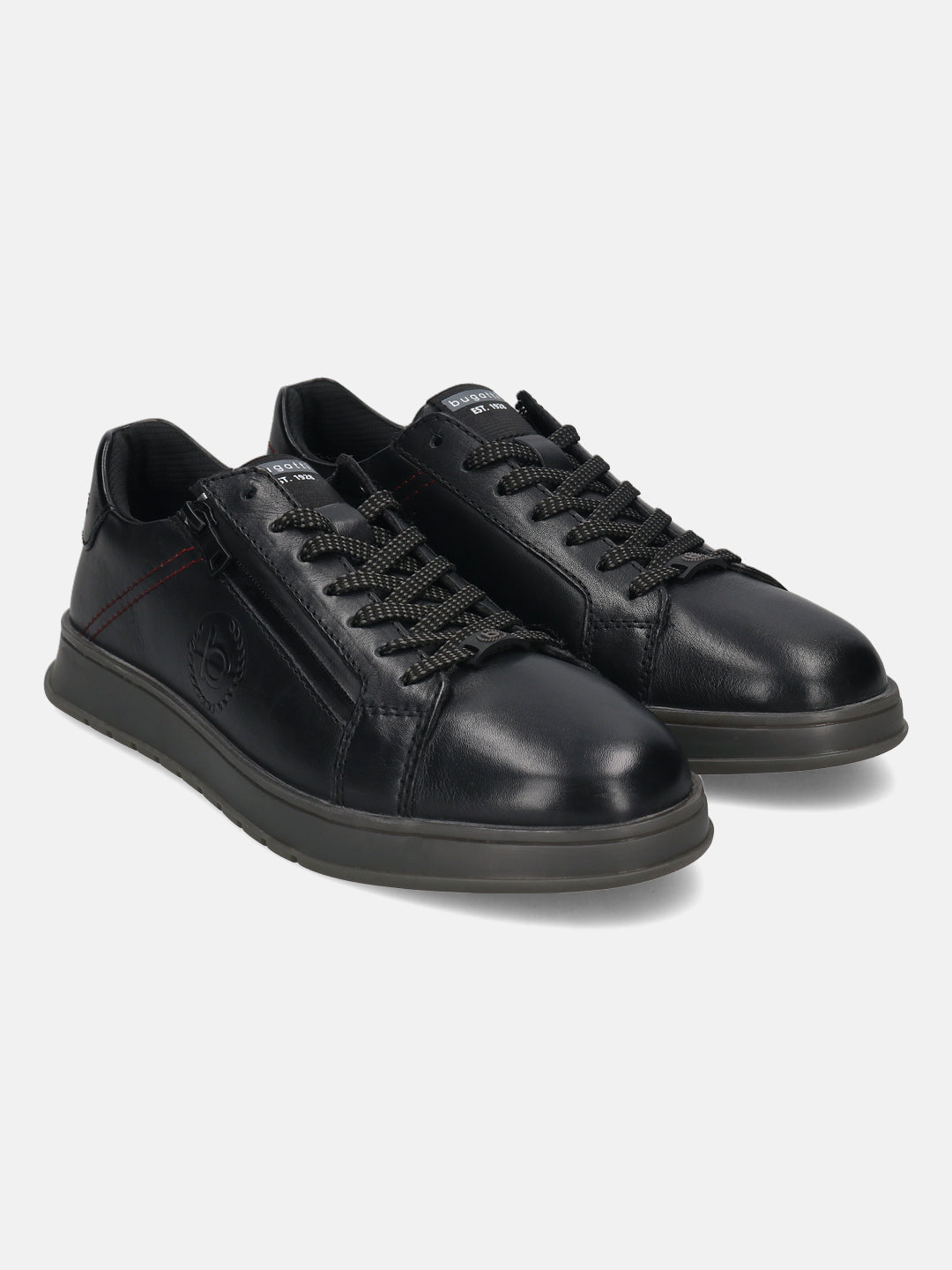 Black leather comfort sneakers by bugatti with dark laces and a side zipper.