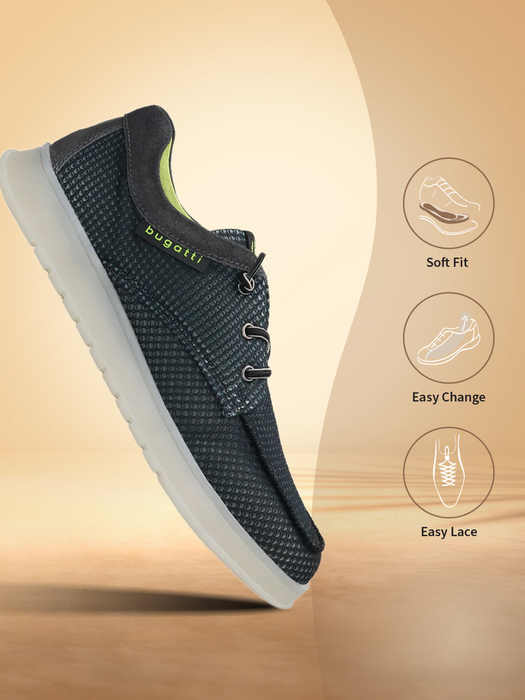 Black comfort sneaker by Bugatti, featuring a textured woven upper and grey suede heel detail.