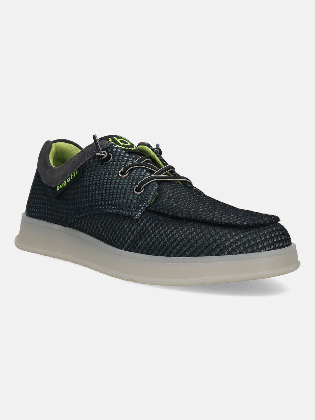 Black comfort sneakers by bugatti, featuring a textured upper, gray accents, and a translucent sole.