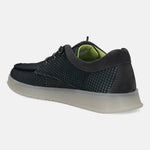 Black comfort sneaker by bugatti, with a gray suede trim, visible laces and a textured dark upper.