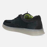 Black comfort sneaker by bugatti, with a gray suede trim, visible laces and a textured dark upper.
