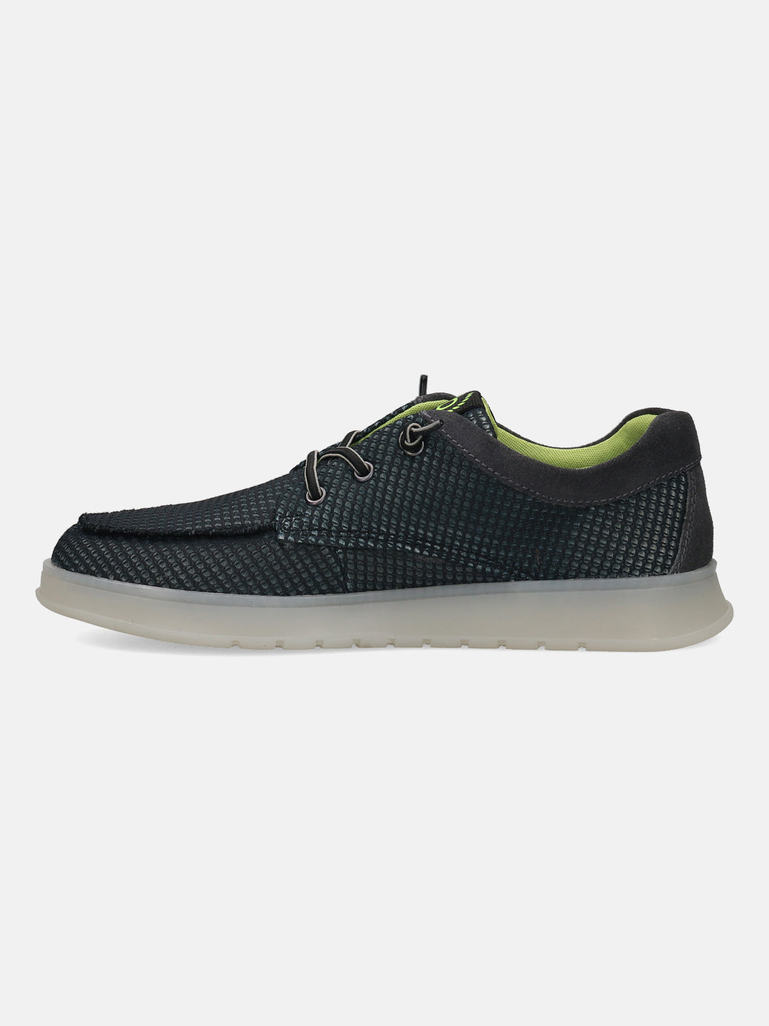 Black casual sneaker by bugatti with a patterned upper, gray trim, and a translucent sole.