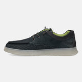 Black casual sneaker by bugatti with a patterned upper, gray trim, and a translucent sole.