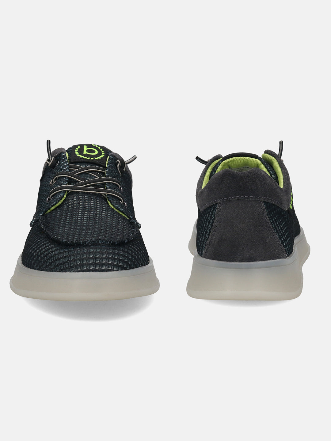 Black comfort sneakers by bugatti with textured upper, neon green accents, and translucent soles.