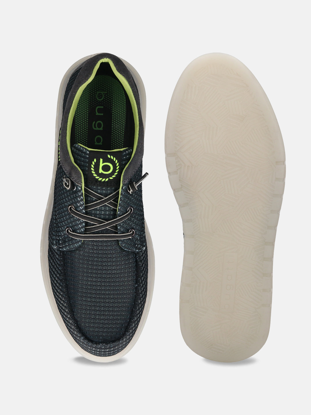Black comfort sneakers by bugatti, showing a textured upper, green trim, and patterned off-white sole.