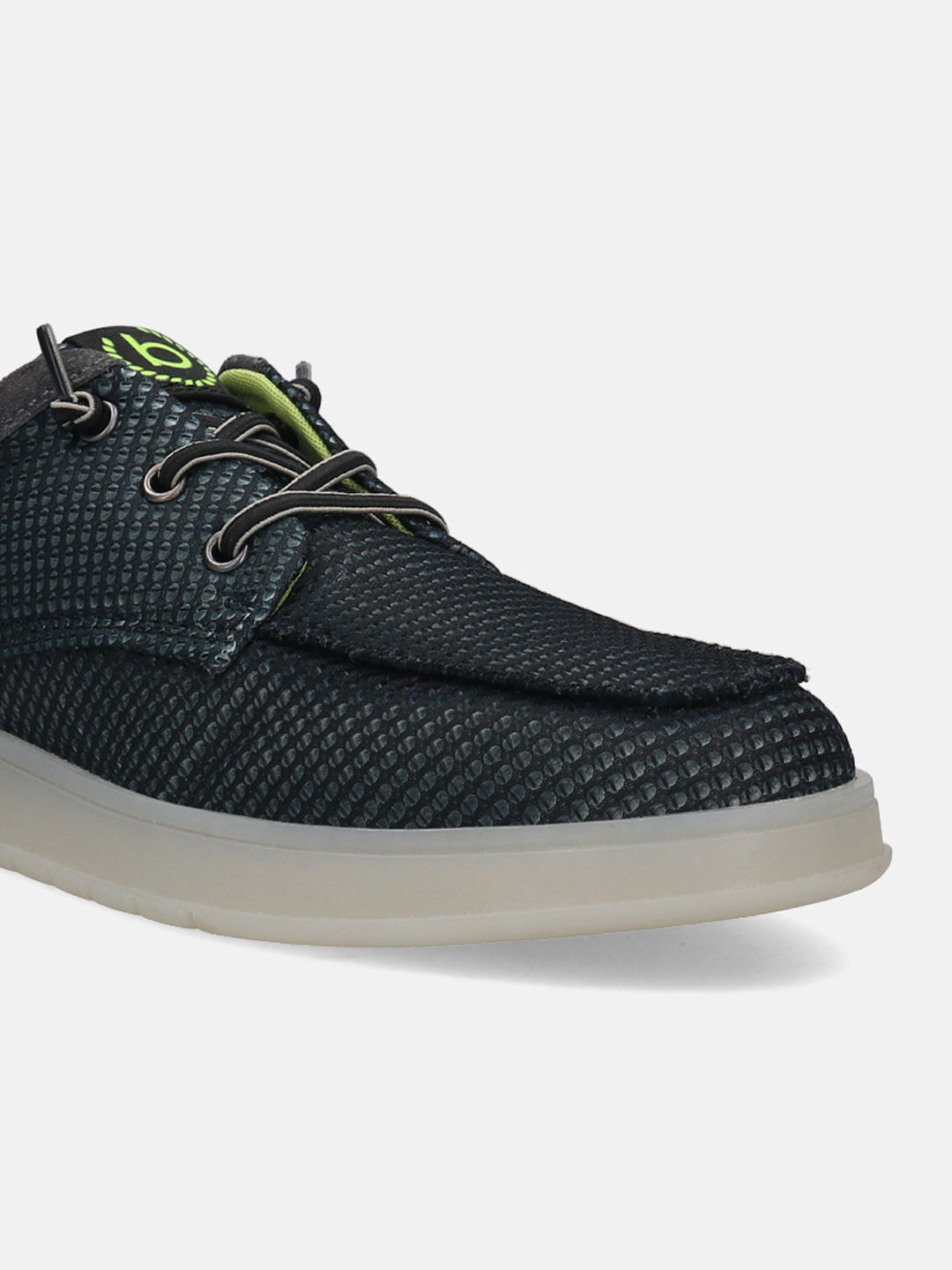 Black comfort sneaker by bugatti with a textured, patterned upper and off-white sole.
