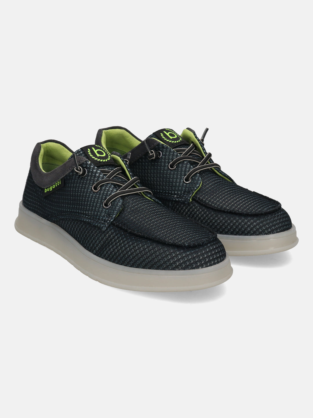 Black comfort sneakers by Bugatti, with a textured pattern, gray trim, and neon green accents.