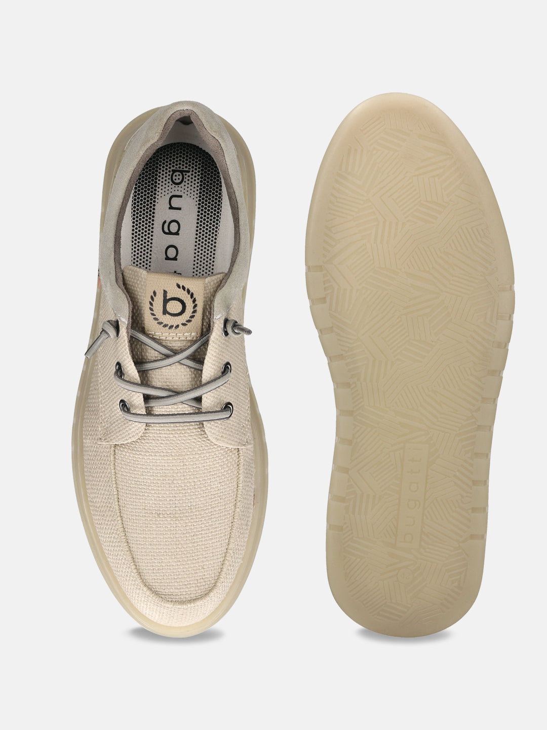 A beige Men's bugatti Sneakers featuring a round plain toe, zero heels heel. Made from textile with a durable tpr outsole, this laces design offers both style and comfort.