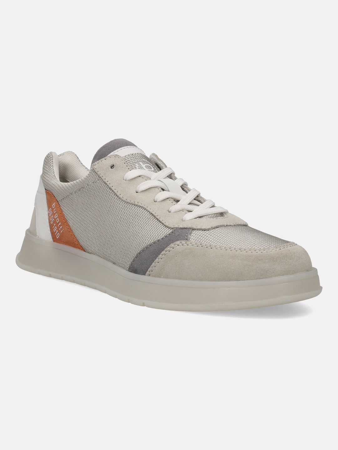 Grey comfort sneaker by bugatti featuring suede and mesh textures, along with white laces and a light sole.