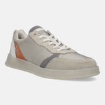 Grey comfort sneaker by bugatti featuring suede and mesh textures, along with white laces and a light sole.