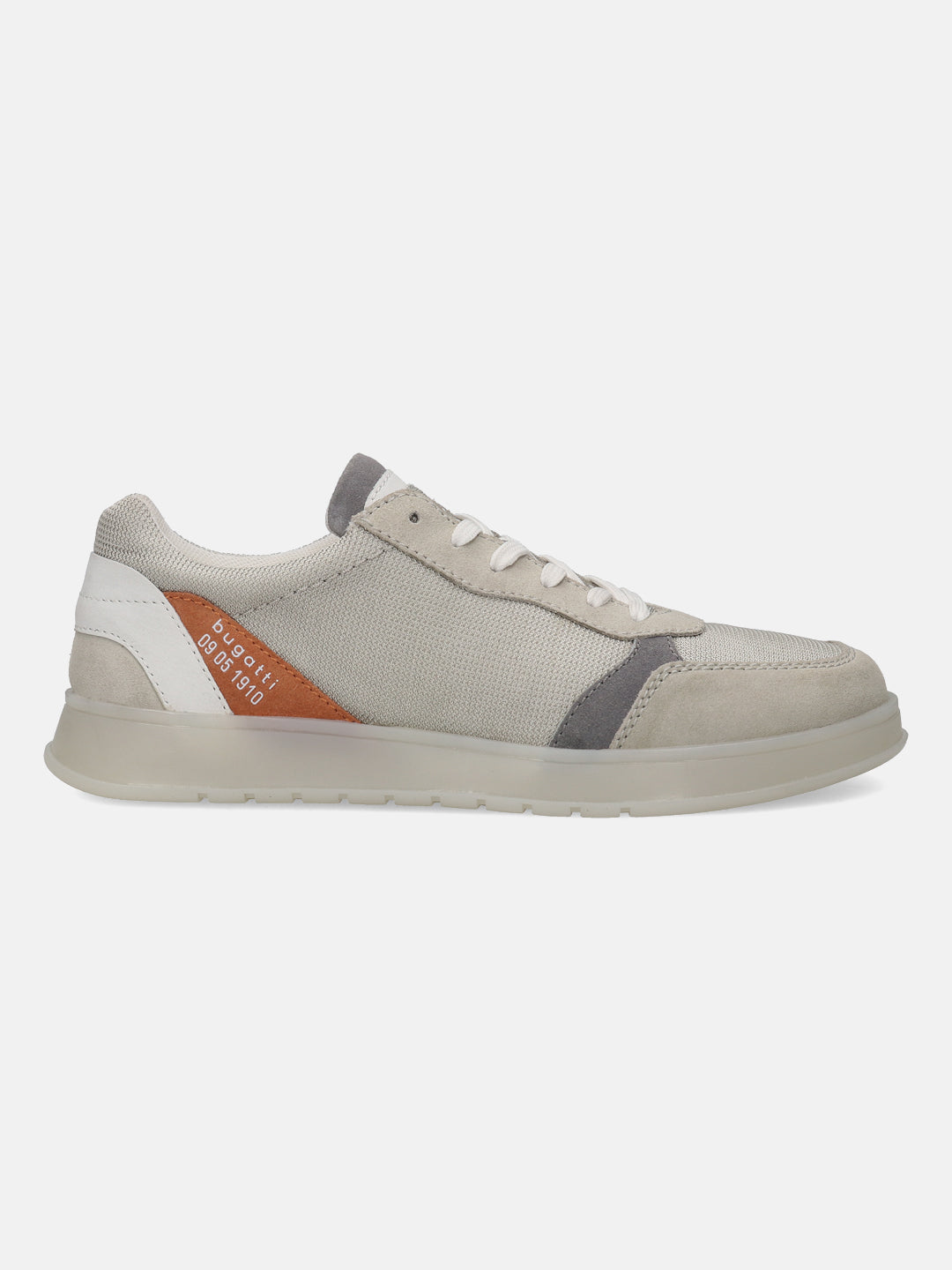 Grey comfort sneaker by bugatti with suede and textile textures, white heel detail, and clear sole.