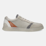 Grey comfort sneaker by bugatti with suede and textile textures, white heel detail, and clear sole.