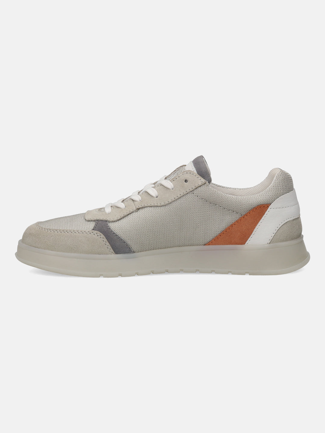 Grey comfort sneaker by bugatti, featuring a mesh upper with suede overlays and a translucent sole.
