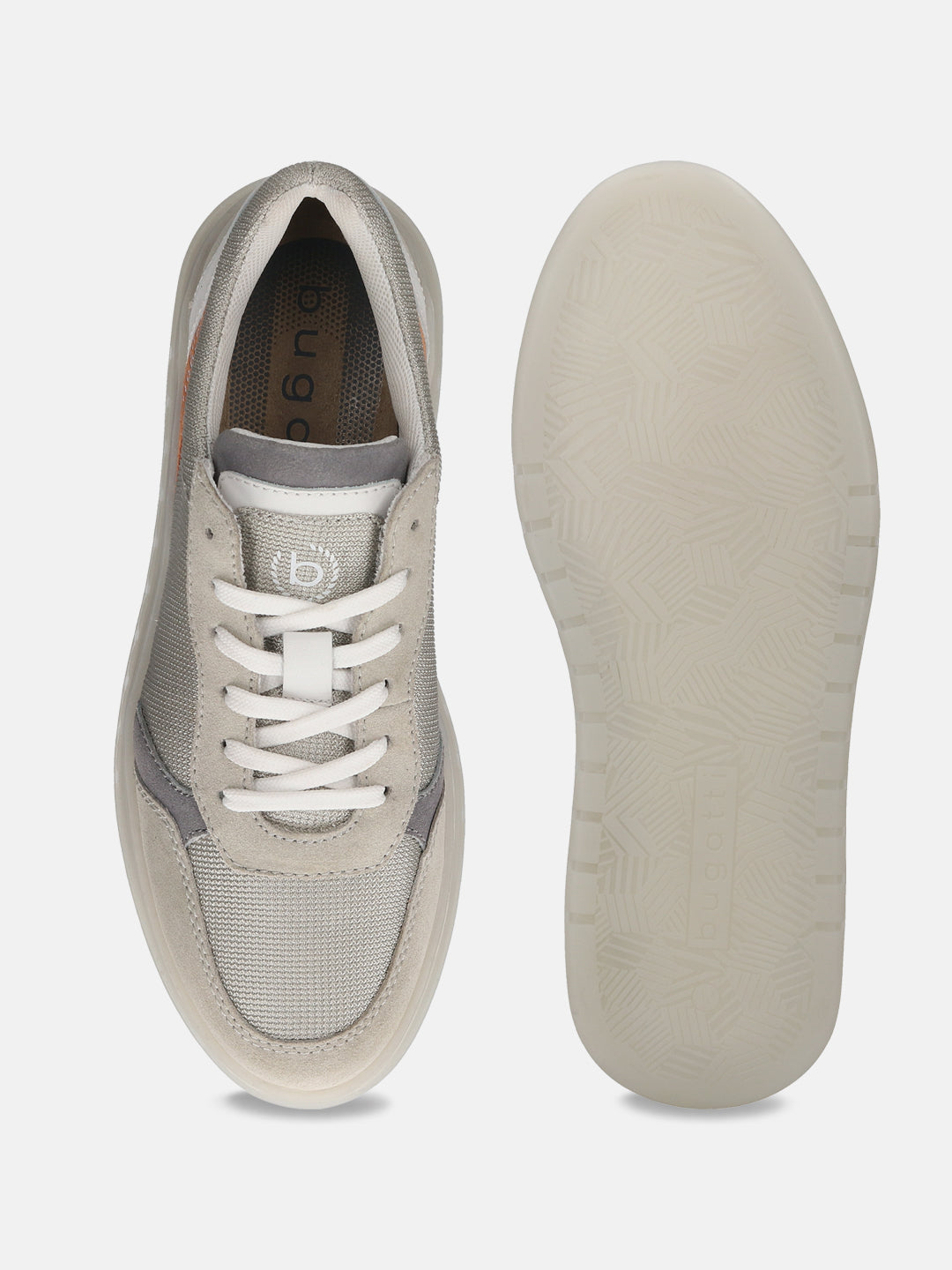 Grey casual sneaker by bugatti with white laces and a textured rubber sole.