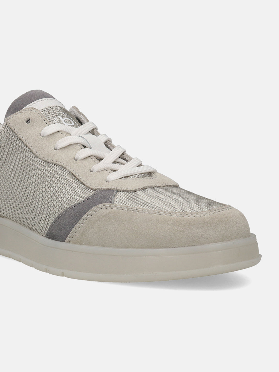Grey comfort sneaker by bugatti featuring suede and mesh paneling with off-white laces.