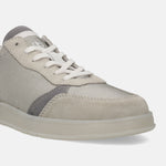 Grey comfort sneaker by bugatti featuring suede and mesh paneling with off-white laces.
