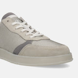 Grey comfort sneaker by bugatti featuring suede and mesh paneling with off-white laces.