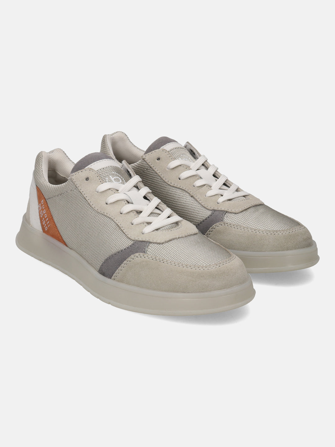 Grey sneakers by bugatti with suede and mesh panels, white laces, and a chunky sole.
