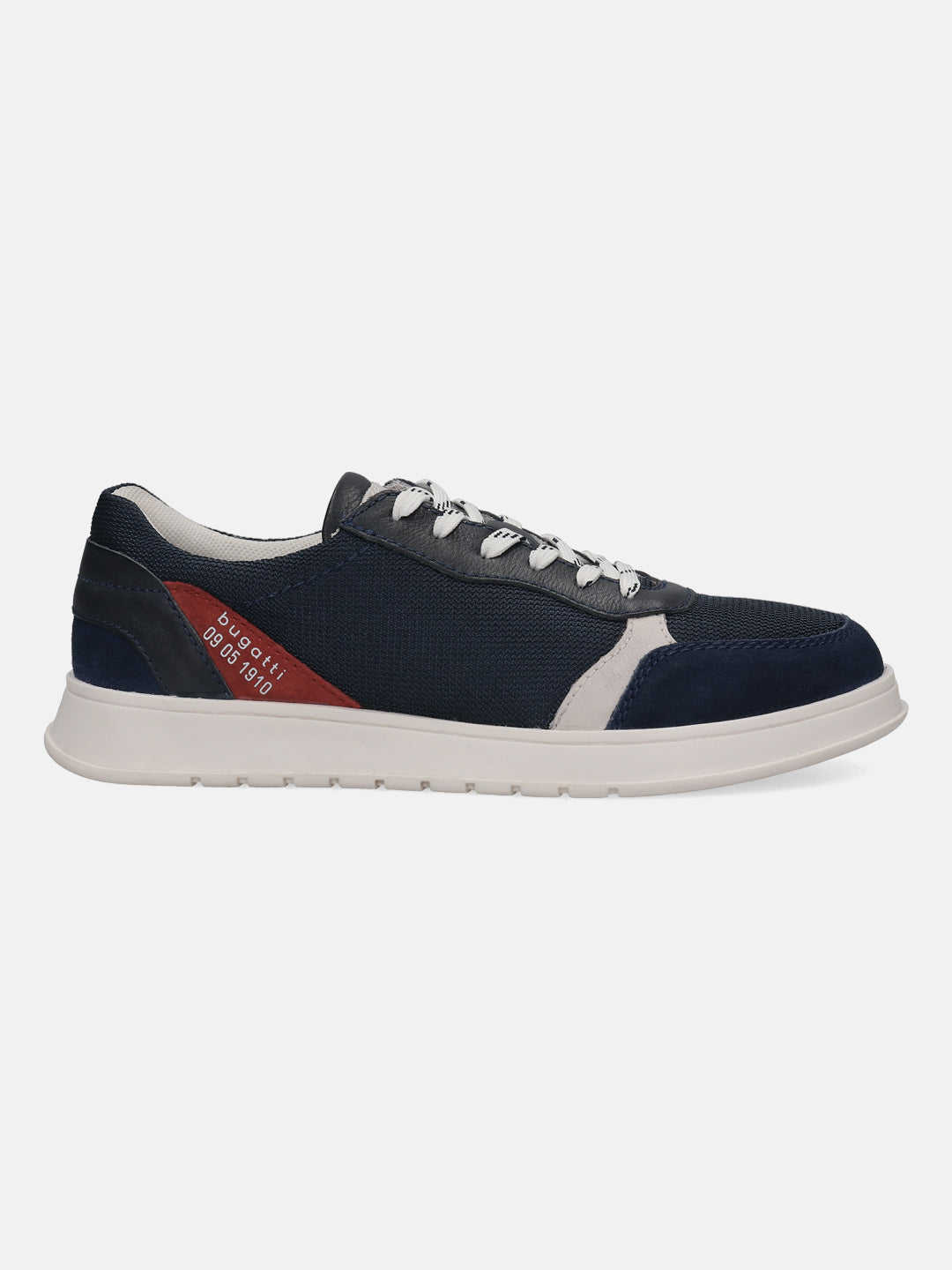 Dark blue comfort sneakers by bugatti, with a white sole and a red accent on the heel.